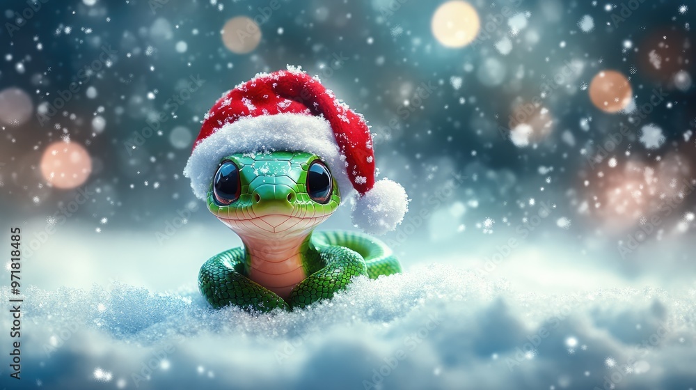 Cute little snake is sitting on the snow enjoying the falling snowflakes on a cold winter night. Symbol of 2025 year Cute little snake is sitting on the snow enjoying the falling snowflakes on a cold winter night. Symbol of 2025 year