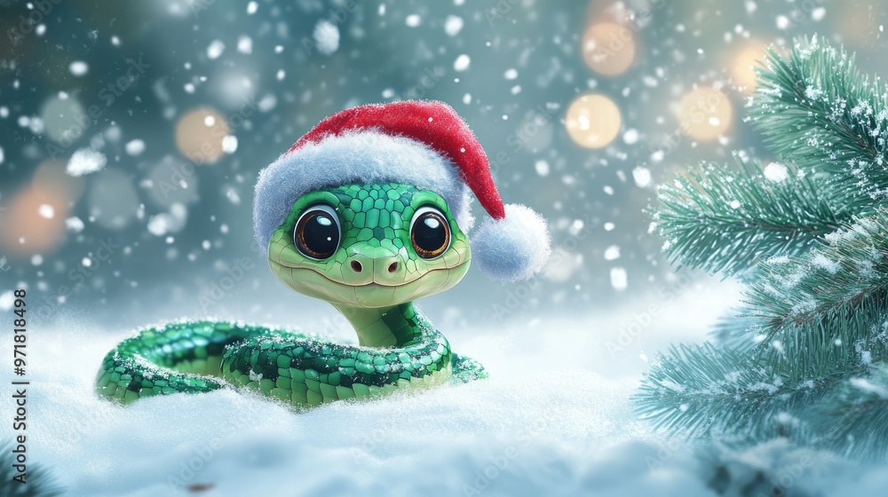 Cute little snake is sitting on the snow enjoying the falling snowflakes on a cold winter night. Symbol of 2025 year Cute little snake is sitting on the snow enjoying the falling snowflakes on a cold winter night. Symbol of 2025 year