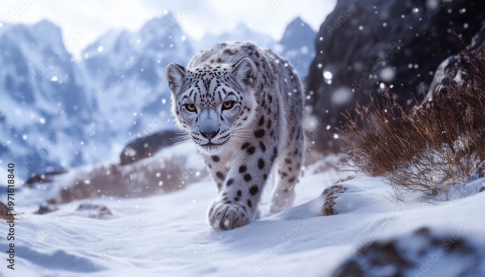 Fototapeta premium Snow leopard, white leopard in snow mountains, white snow leopard walking
