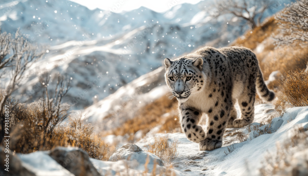 Fototapeta premium Snow leopard, white leopard in snow mountains, white snow leopard walking