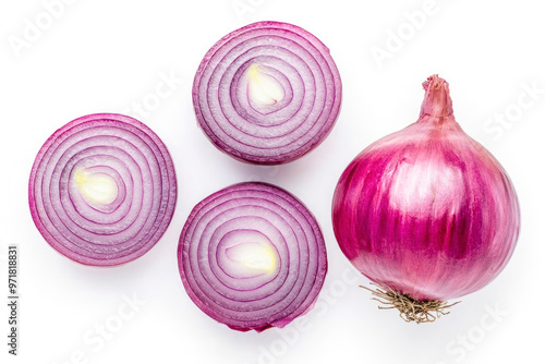 Fresh whole and sliced red onion isolated on white background, top view.