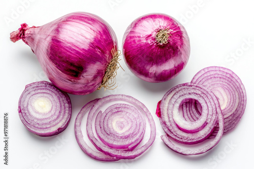 Fresh whole and sliced red onion isolated on white background, top view.