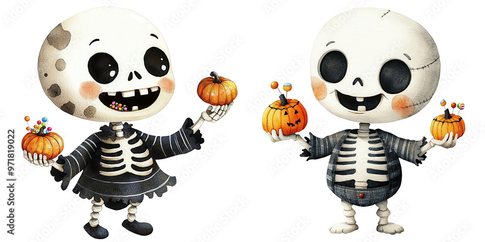 Obraz premium Set of cheerful skeleton characters in a dress, holding pumpkins.