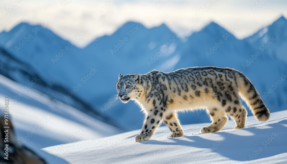 Fototapeta premium Snow leopard, white leopard in snow mountains, white snow leopard walking