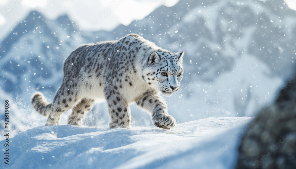 Fototapeta premium Snow leopard, white leopard in snow mountains, white snow leopard walking