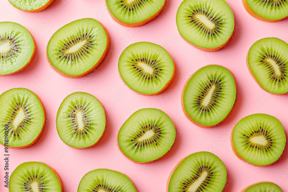 Fototapeta premium Pattern of fresh kiwi slices on pink background. From top view.