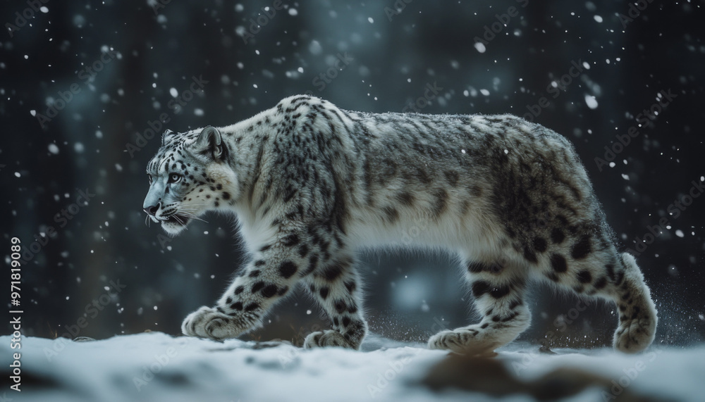 Fototapeta premium Snow leopard, white leopard in snow mountains, white snow leopard walking
