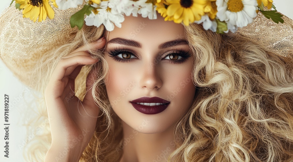 Portrait of beautiful woman in vivid hat adorned with floral details, with red lips. Elegant sport fan Portrait of beautiful woman in vivid hat adorned with floral details, with red lips. Elegant sport fan