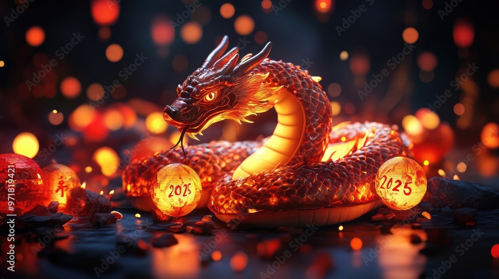Happy Chinese New Year 2025 the snake zodiac on colored background with a flower, a lantern, and Asian elements. (Translation: Happy Chinese New Year 2025 the snake zodiac) Happy Chinese New Year 2025 the snake zodiac on colored background with a flower, a lantern, and Asian elements. (Translation: Happy Chinese New Year 2025 the snake zodiac)