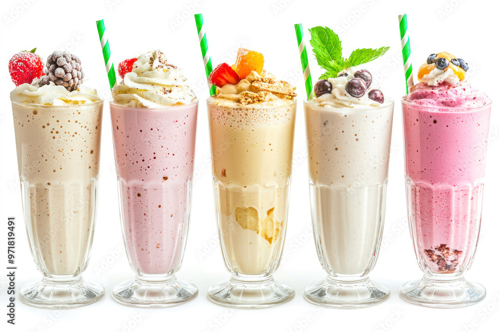 Set of fresh various delicious milkshakes or smoothies, top vies, isolated on white background. Set of fresh various delicious milkshakes or smoothies, top vies, isolated on white background.