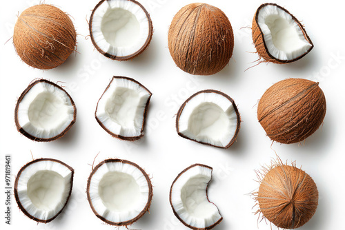 Set of fresh whole and half coconut and slices isolated on white background, top view.