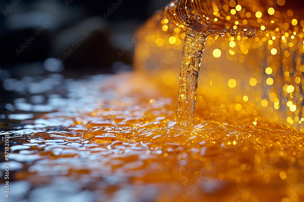 A tap pouring out liquid gold instead of water, showing the commercialization of natural resources. Concept of greed and environmental exploitation. A tap pouring out liquid gold instead of water, showing the commercialization of natural resources. Concept of greed and environmental exploitation.