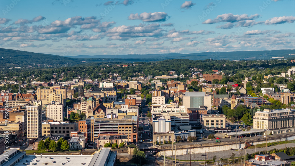 Fototapeta premium Late summer, early fall aerial, drone, photo of the Scranton Pennsylvania skyline. September 2024.
