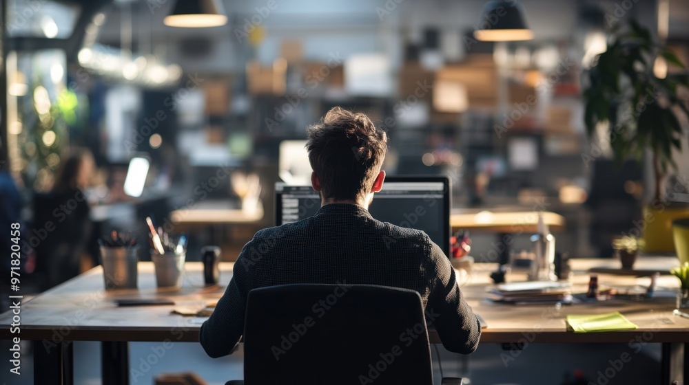 Man Working on Computer at a Desk in a Modern Office Man Working on Computer at a Desk in a Modern Office