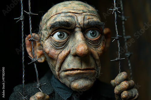 A puppet controlled by strings made of barbed wire, representing the painful constraints of societal expectations. Concept of societal pressures and personal sacrifice. photo