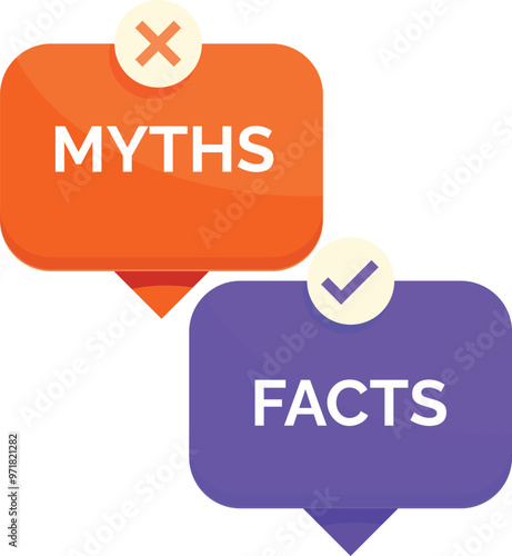 Speech bubbles with check marks are showing myths and facts, true or false information for debunking