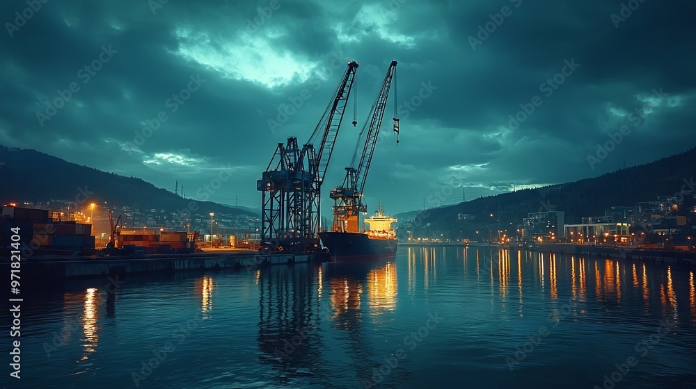 Industrial port with cranes and shipping containers at night reflecting in the water Industrial port with cranes and shipping containers at night reflecting in the water