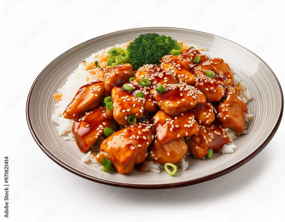 General Tso’s Chicken on plate isolated white background General Tso’s Chicken on plate isolated white background