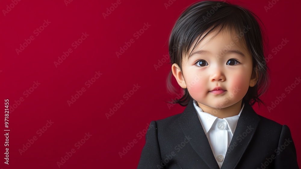 A baby girl in a black suit looks at the camera. A baby girl in a black suit looks at the camera.