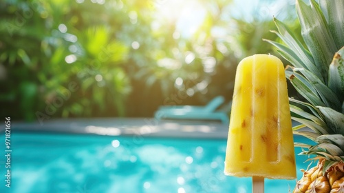 A pineapple popsicle on a hot summer day, with tropical plants and a pool in the background.