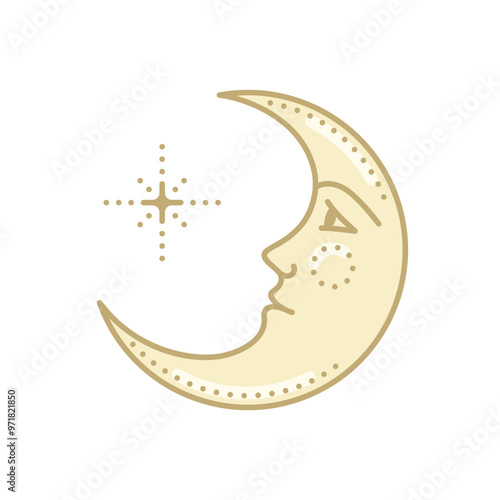 Golden crescent moon with a human face and star on a white background. Celestial symbols. Mystical vector illustration in vintage style.