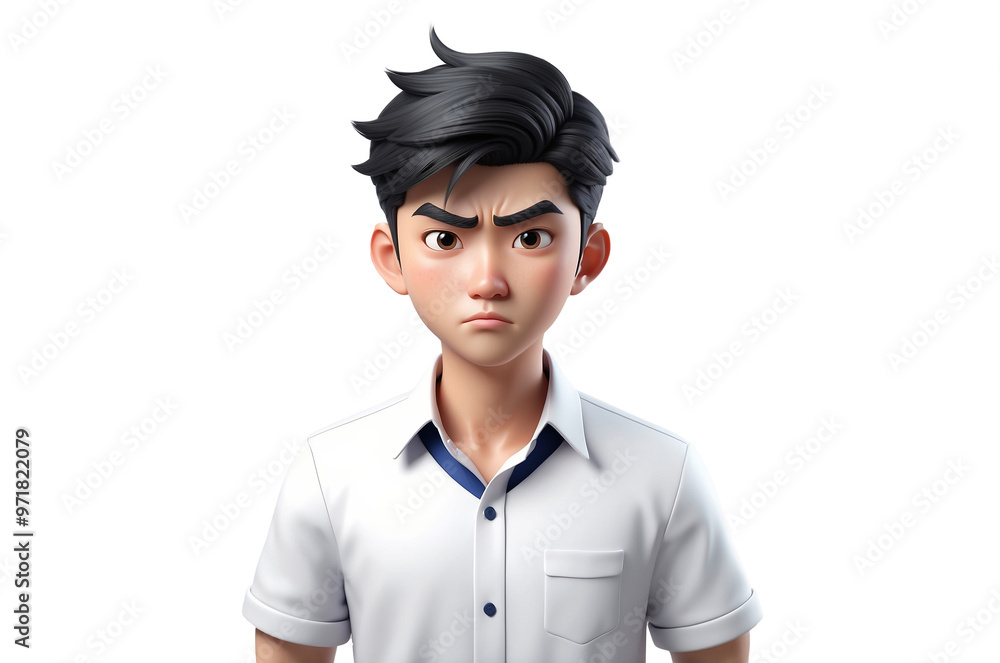3D Cartoon Character A Young Boy With Short Black Hair, Dressed in a White Shirt, Sporting a Serious Expression With Narrowed Eyes, Seeming to Be Deep in Thought 3D Cartoon Character A Young Boy With Short Black Hair, Dressed in a White Shirt, Sporting a Serious Expression With Narrowed Eyes, Seeming to Be Deep in Thought