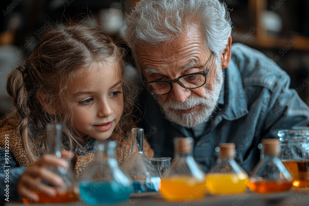 Grandparents and grandchildren having a fun science experiment session at home, mixing colorful substances. Concept of learning and experimentation. Grandparents and grandchildren having a fun science experiment session at home, mixing colorful substances. Concept of learning and experimentation.