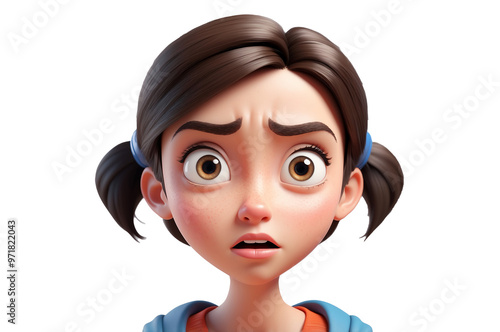 3D Cartoon Character A Young Woman With Brown Hair Tied in Two Low Pigtails, Wearing a Blue Shirt, Looking Extremely Shocked With Wide Eyes and a Stiff Expression