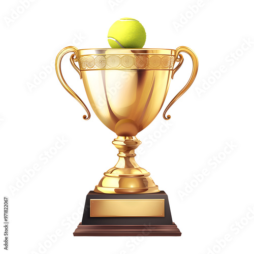 Golden champion cup and tennis balls isolated on transparent background. Sport award. Victory concept. Australian Open, Wimbledon championship, US Open. Element for design photo