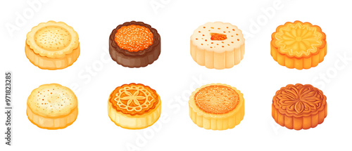 Set of mooncakes isolated on transparent background. Collection of traditional asian festive food for Mid-autumn festival, Chinese New Year, holiday celebration. Sweet dessert 