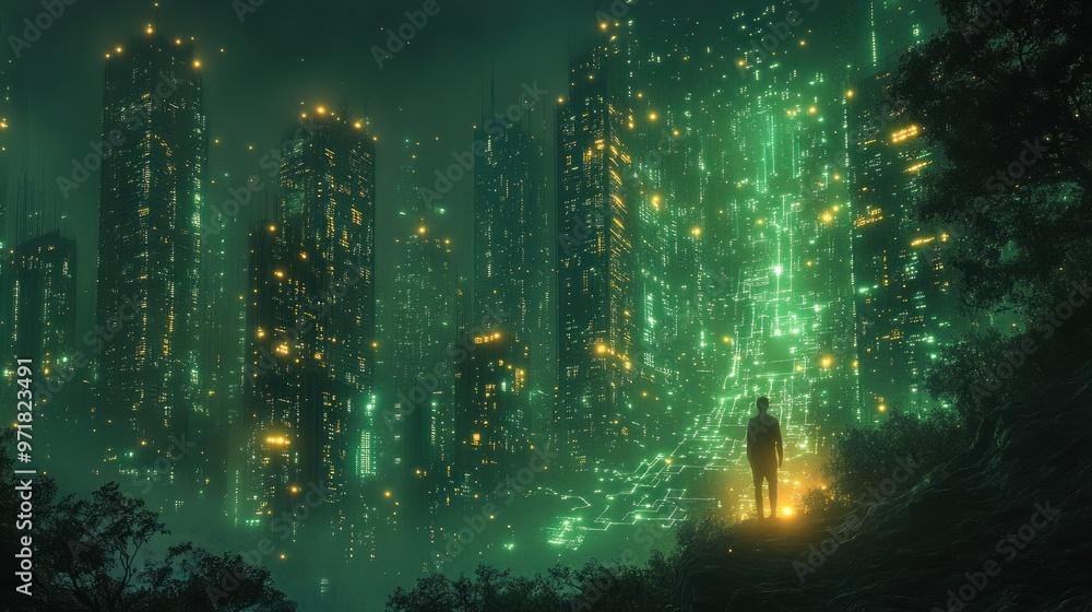 Fototapeta premium Silhouette of a man standing on a hill overlooking a futuristic city at night