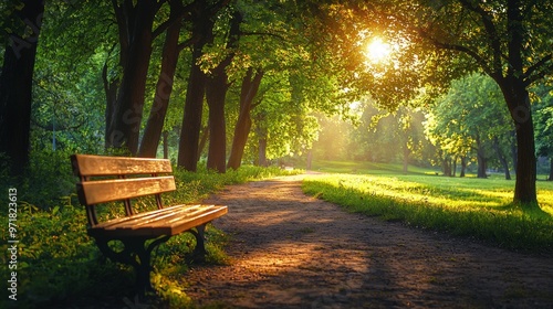 Sunlit park bench under a canopy of trees in a serene nature setting photo