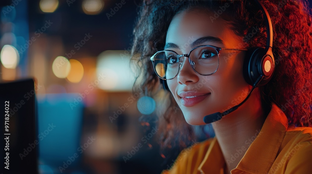 Smiling young woman with glasses and headphones in a cozy, modern gaming environment Smiling young woman with glasses and headphones in a cozy, modern gaming environment