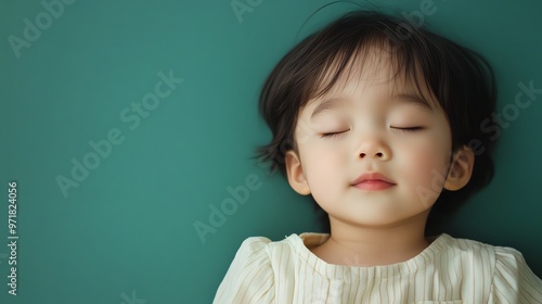 A young girl with her eyes closed against a teal background.