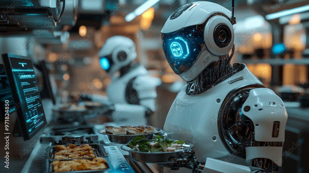 Robots preparing meals in a futuristic kitchen, holographic UI overlays, blue and white neon light, sleek metallic surfaces, vibrant colors, Cyberpunk, Sci-Fi, Photorealistic Robots preparing meals in a futuristic kitchen, holographic UI overlays, blue and white neon light, sleek metallic surfaces, vibrant colors, Cyberpunk, Sci-Fi, Photorealistic