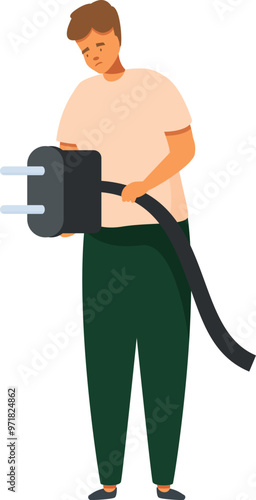 Sad electrician is holding an unplugged electric plug with wire, concept for power outage or electrical problem