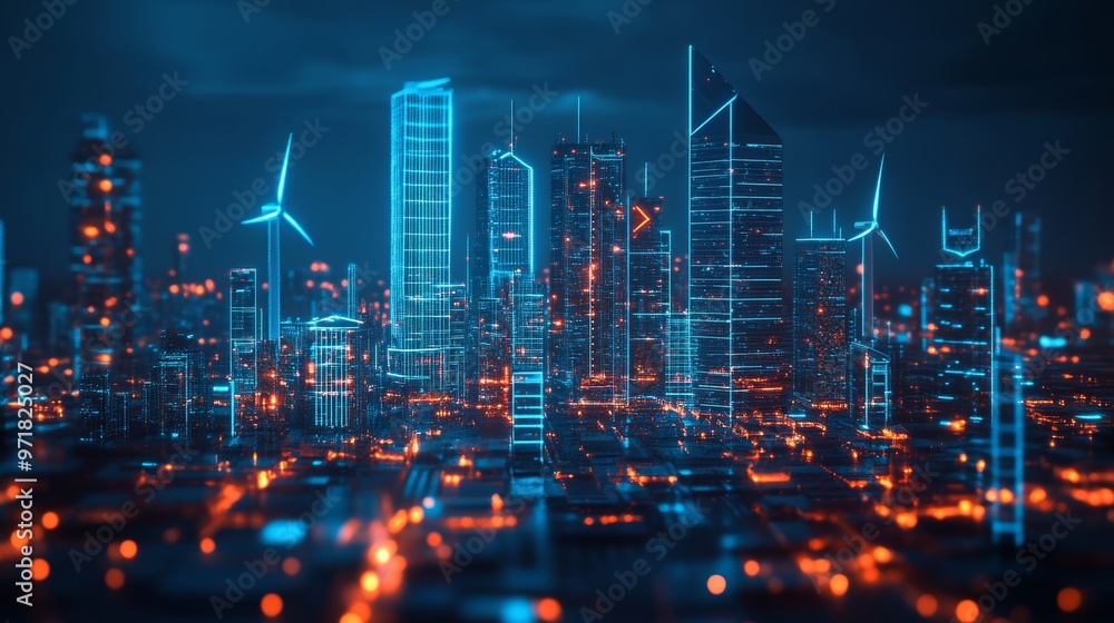 Holographic display of renewable energy systems, showing solar, wind, and hydro setups overlaid onto a sleek urban environment, neon blue lights, Sci-fi, Hologram, 3D, high tech