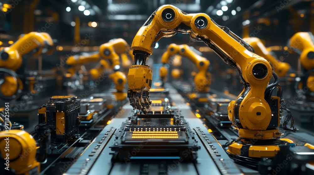 An automated industrial assembly line with sleek yellow robotic arms, assembling high-tech electronic devices, metallic textures, futuristic factory in the background, Futuristic, Hyper-detailed, 3D R An automated industrial assembly line with sleek yellow robotic arms, assembling high-tech electronic devices, metallic textures, futuristic factory in the background, Futuristic, Hyper-detailed, 3D R