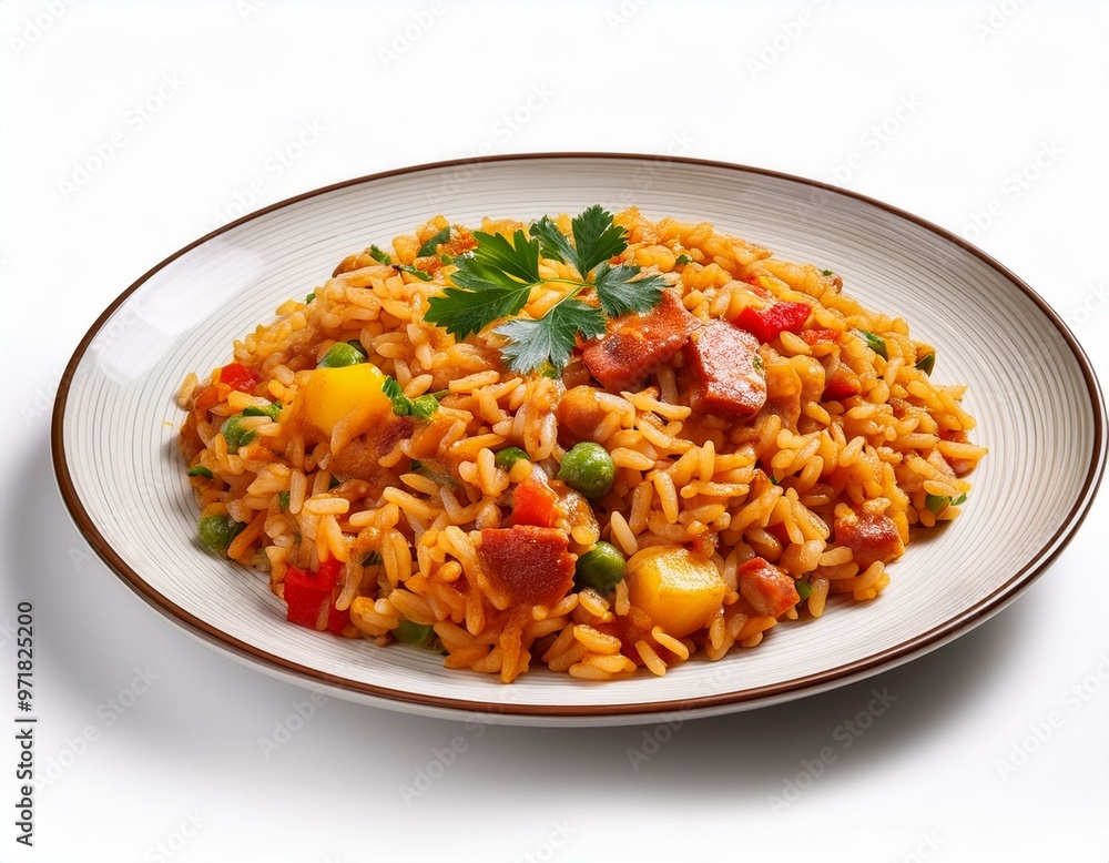 Jambalaya on plate isolated white background Jambalaya on plate isolated white background