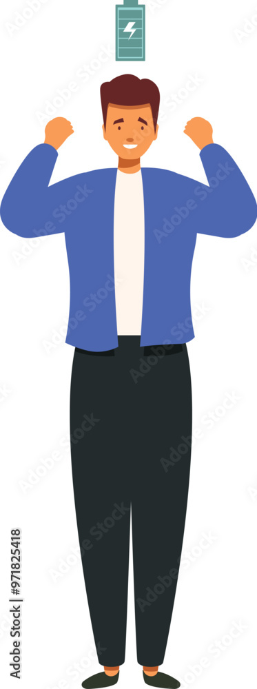 Office worker feeling energetic and powerful with full battery symbol above his head Office worker feeling energetic and powerful with full battery symbol above his head