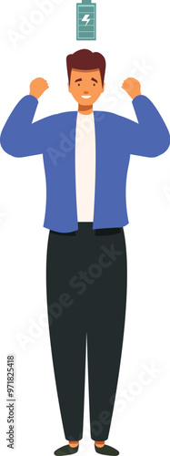 Office worker feeling energetic and powerful with full battery symbol above his head