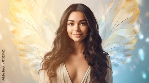 A woman with angelic wings, exuding a serene and ethereal vibe.