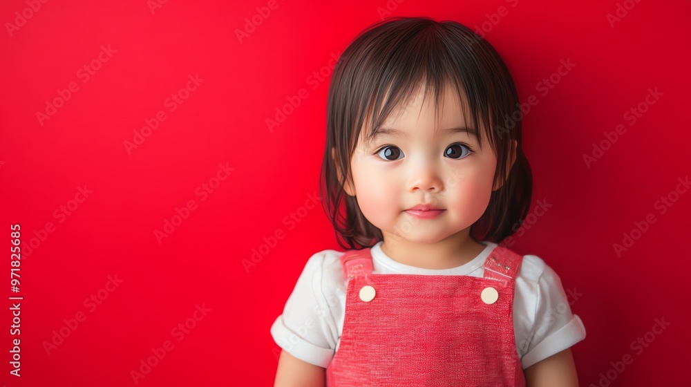A baby girl in a white shirt and red overalls looks at the camera. A baby girl in a white shirt and red overalls looks at the camera.