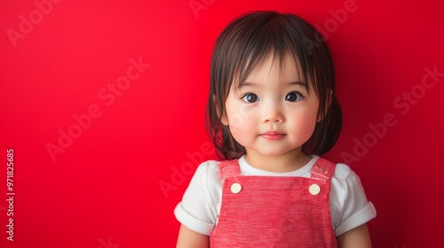 A baby girl in a white shirt and red overalls looks at the camera.