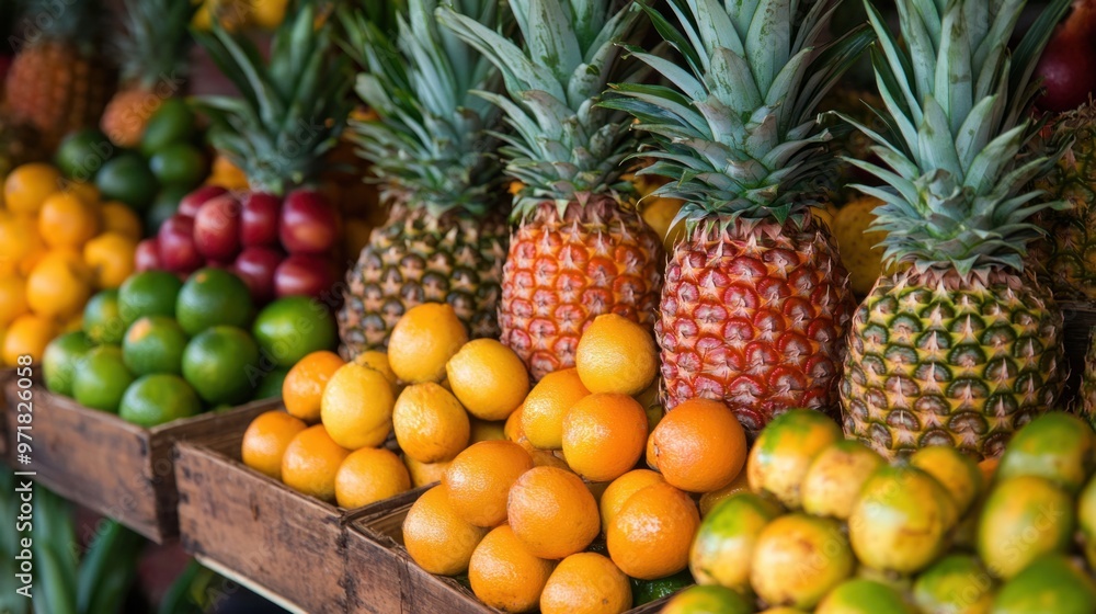 A tropical fruit market with a variety of pineapples and exotic fruits, showcasing the vibrant colors of the produce. A tropical fruit market with a variety of pineapples and exotic fruits, showcasing the vibrant colors of the produce.