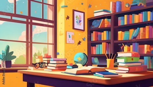 Colorful Study Room with Books and Globe, Sunlit Workspace by the Window