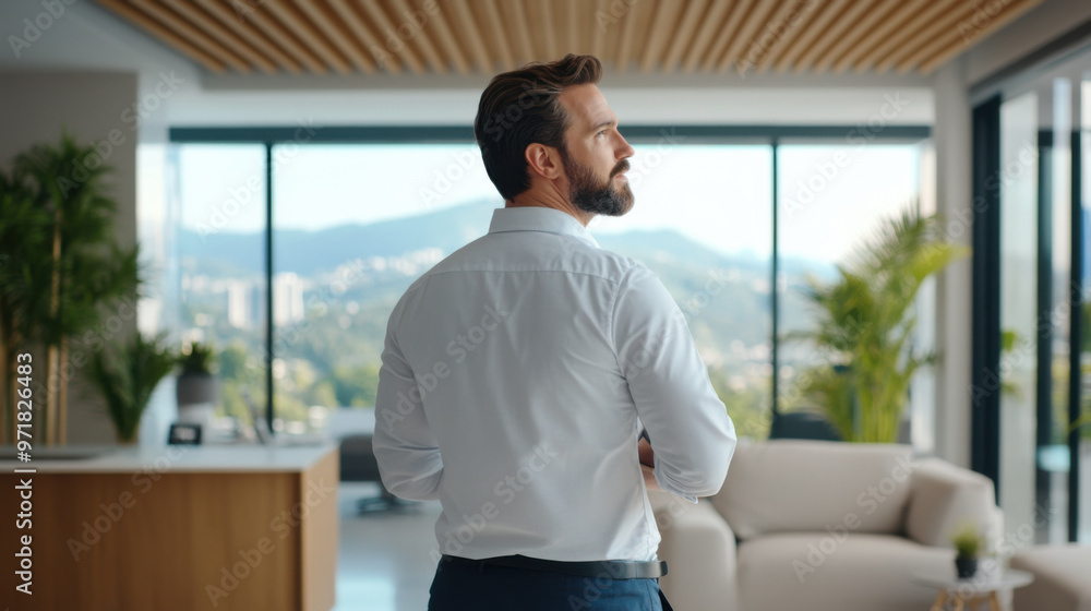 Businessman in a white shirt standing with his back turned, gazing out a window in a modern office with a scenic view. Businessman in a white shirt standing with his back turned, gazing out a window in a modern office with a scenic view.
