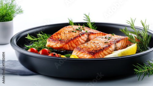 Grilled salmon fillets served in a black dish with fresh herbs, lemon slices, and cherry tomatoes on a white background.