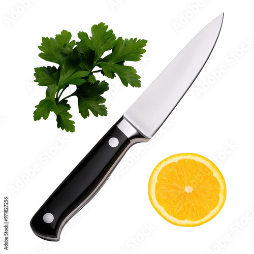 A sharp knife, fresh parsley, and a vibrant orange slice on a clean surface, perfect for culinary inspiration and food preparation. photo