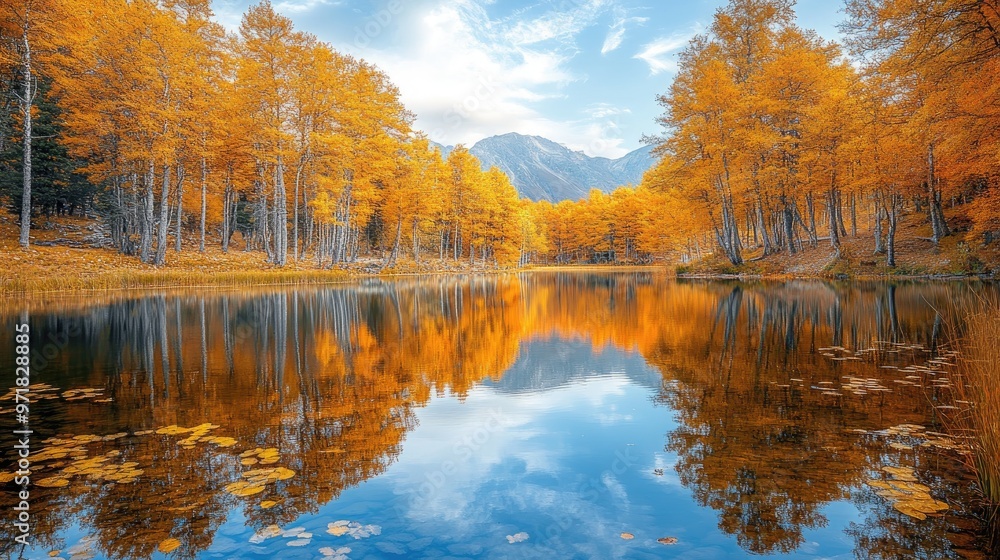 Stunning Autumn Landscape with Golden Trees Reflecting in a Tranquil Lake and Majestic Mountains in the Background Stunning Autumn Landscape with Golden Trees Reflecting in a Tranquil Lake and Majestic Mountains in the Background